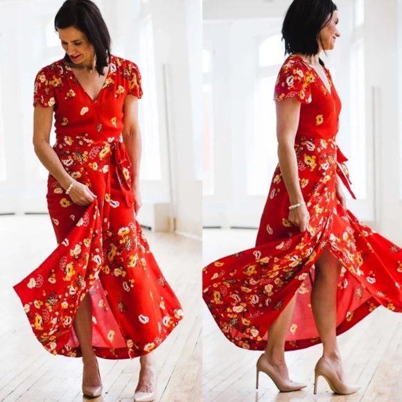 Free People Floral Red Wrap Maxi Dress - Picture 4 of 4